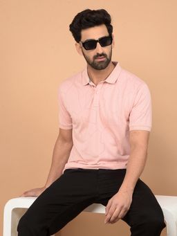 CRIMSOUNE CLUB - Peach Self Design Slim Fit Polo T-Shirt