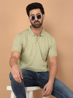 CRIMSOUNE CLUB - Green Self Design Slim Fit Polo T-Shirt