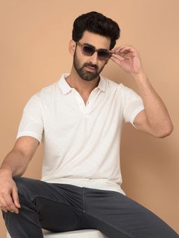 CRIMSOUNE CLUB - White Self Design Slim Fit Polo T-Shirt