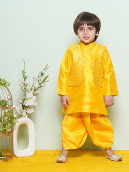 AJ Dezines - Boys Cotton Sequined Mustard Kurta with Dhoti and Waistcoat (Set of 3)