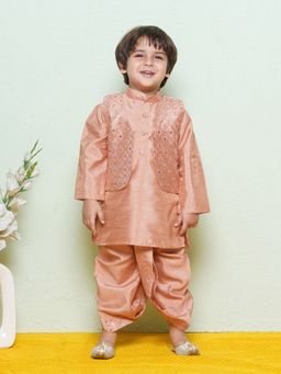 AJ Dezines - Boys Cotton Sequined Peach Kurta with Dhoti and Waistcoat (Set of 3)