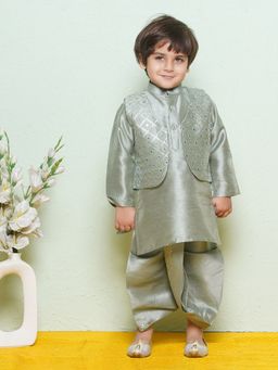 AJ Dezines - Boys Cotton Sequined Green Kurta with Dhoti and Waistcoat (Set of 3)
