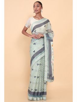 Soch - Women Blue Organza Geometric Saree with Unstitched Blouse