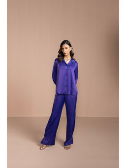 COSSET CLOTHING - Womens Satin Collar Neck Full Sleeves Blue Co-Ord Set