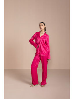 COSSET CLOTHING - Womens Satin Collar Neck Full Sleeves Pink Co-Ord Set