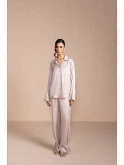 COSSET CLOTHING - Womens Satin Collar Neck Full Sleeves Taupe Co-Ord Set