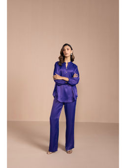 COSSET CLOTHING - Womens Satin Mandarin Neck Three Fourth Sleeves Blue Co-Ord Set