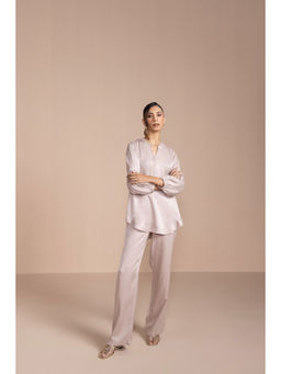 COSSET CLOTHING - Womens Satin Mandarin Neck Three Fourth Sleeves Taupe Co-Ord Set