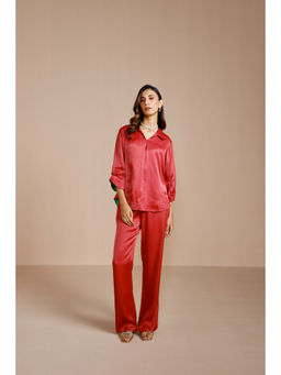COSSET CLOTHING - Womens Satin Collar Neck Three Fourth Sleeves Red Co-Ord Set