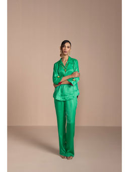 COSSET CLOTHING - Womens Satin Collar Neck Three Fourth Sleeves Green Co-Ord Set