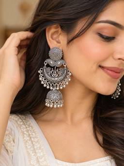 VIRAASI - Oxidised Floral Jhumka Earrings