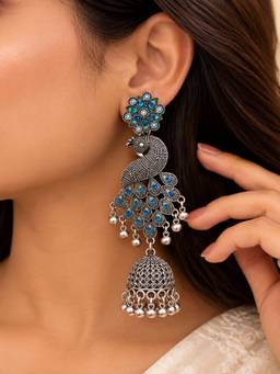 VIRAASI - Peacock Silver Oxidised Earring