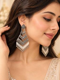 VIRAASI - Geometric Oxidised Dangler Earrings