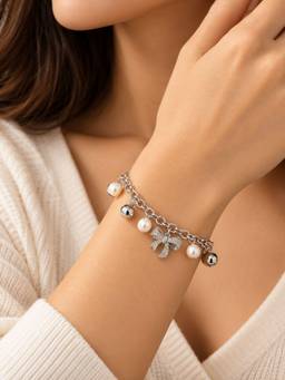 VIRAASI - Silver-Toned Bow Charm Pearl Bracelet