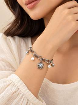 VIRAASI - Silver Floral Charm Chain Bracelet