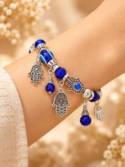 VIRAASI - Silver-Toned Blue Evil Eye Hamsa Charm Bracelet