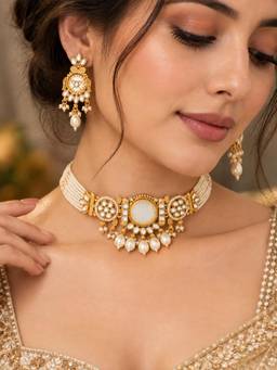 Zaveri Pearls - White Stones Multistrand Beaded Choker Necklace and Earring Set-Zpfk22798