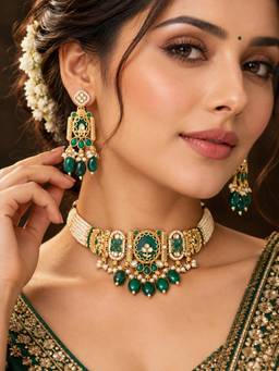 Zaveri Pearls - Green Stones Multistrand Beaded Choker Necklace and Earring Set-Zpfk22799