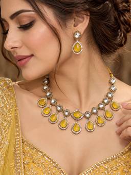 Zaveri Pearls - Yellow Stones Antique Tone Diamonds Necklace and Earring Set-Zpfk22801