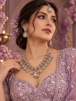 Zaveri Pearls - Antique Gold Stones Diamonds Necklace Earring Maangtikka Set-Zpfk22819