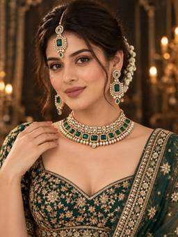 Zaveri Pearls - Green Stones Diamonds Antique Necklace Earring Maangtikka Set-Zpfk22821