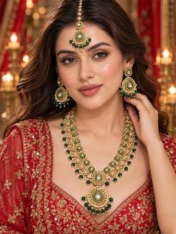 Zaveri Pearls - Green Meenakari Stones Beads Necklace Earring Maangtikka Set-Zpfk22823