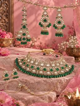 Zaveri Pearls - Green Bridal Necklace Earring Maangtikka Nose Ring and Rings Set-Zpfk22828