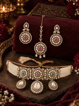 Zaveri Pearls - Antique Gold Tone Stones Necklace Earring and Maangtikka Set-Zpfk23038