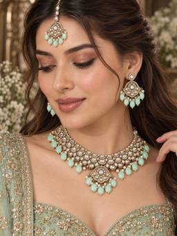 Zaveri Pearls - Green Beads Antique Gold Necklace Earring and Maangtikka Set-Zpfk23041