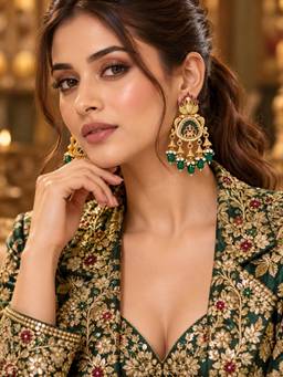 Zaveri Pearls - Green Pink Stones and Beads Peacock Inspired Dangle Earrings-Zpfk23053