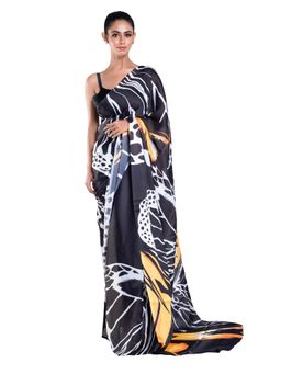 Boveee - Adle Satin Georgette Digital Printed Saree In Black Color with Unstitched Blouse