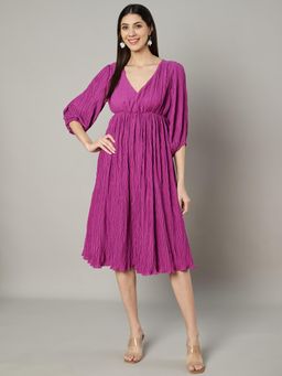 AMAGYAA - Purple Puff Sleeve Georgette Pleated Midi Dress
