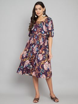 AMAGYAA - Navy Printed Puff Sleeves Midi Dress