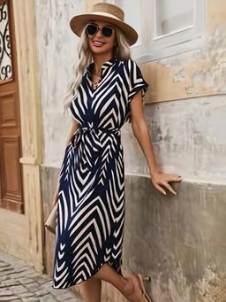 Outzidr - Navy Blue Mandarin Collared Vacay Dress With Belt