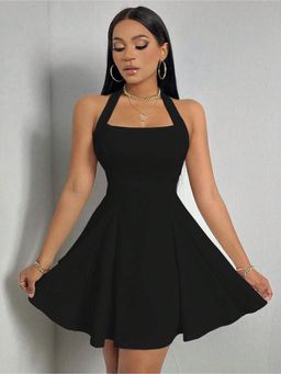 Outzidr - Black Halter Neck Skater Dress
