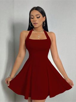 Outzidr - Red Halter Neck Skater Street Style Dress