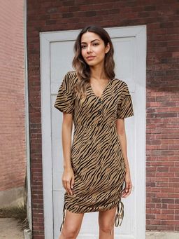 Outzidr - Brown Animal Printed V Neck Dress