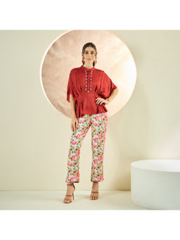 First Resort by Ramola Bachchan - Red Hand Embroidered Floral Co-Ord (Set of 2)