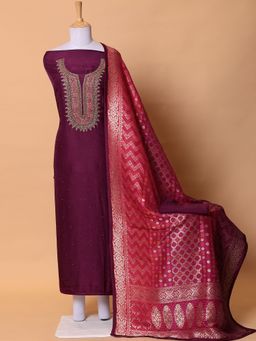 Zari Jaipur - Wine Silk Fabric with Cut Dana, Thread, Zardozi (Set of 3)