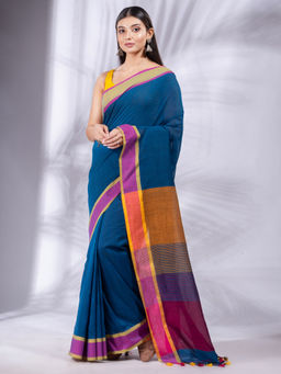 CHARUKRITI - Sapphire Blue Pure Cotton Handwoven Soft Saree & Stripes Pallu with Unstitched Blouse