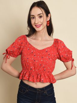 Trend Arrest - Red Printed Frill Crop Top