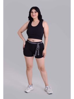 Keepfit - Black Solid Swim Crop Top and Full Coverage Shorts with Contrast Belt