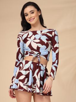 Cukoo - Maroon Tropical Leaf Long-Sleeve Padded Crop Top with Skirt
