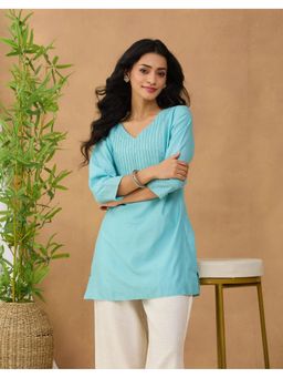 Fabindia - Women Turquoise Cotton Silk Embroidered Short Kurta
