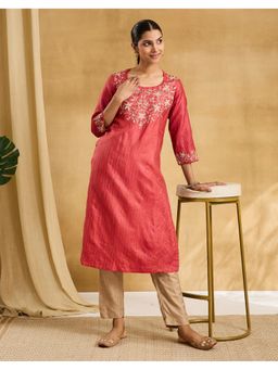 Fabindia - Women Red Silk Embroidered Long Kurta