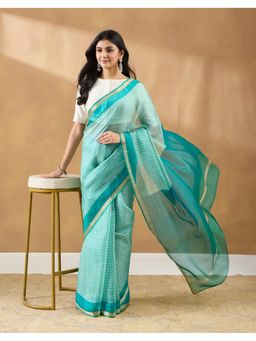 Fabindia - Green Silk Blend Hand Block Print Saree
