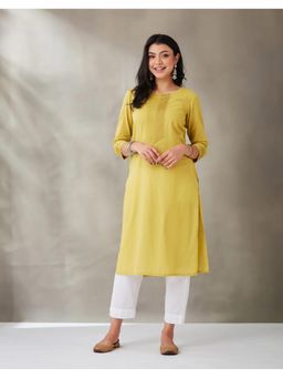 Fabindia - Women Green Cotton Pintuck Long Kurta