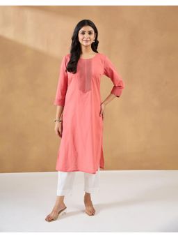 Fabindia - Women Peach Cotton Pintuck Long Kurta