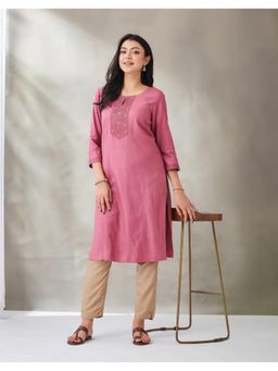 Fabindia - Women Pink Silk Pintuck Knee Length Kurta