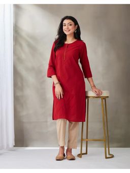 Fabindia - Women Red Cotton Pintuck Knee Length Kurta